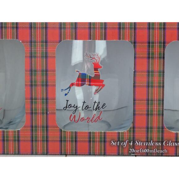 Winterberrie Lane Christmas Stemless Glasses 20 oz Set of 4 Plaid Holiday NIB - Picture 3 of 9